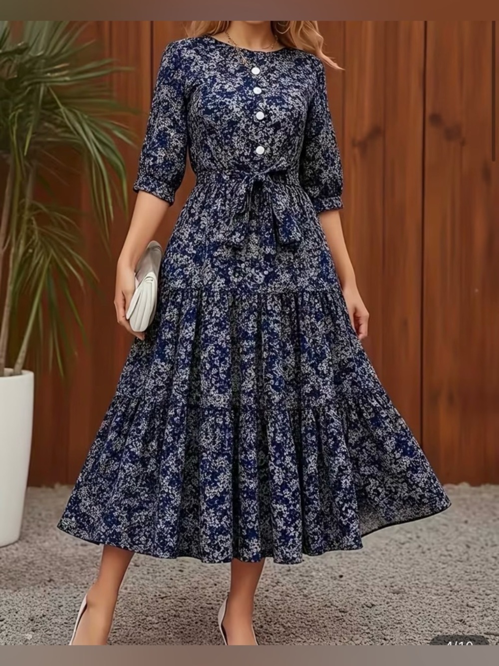 Floral Tiered Midi Dress in Navy